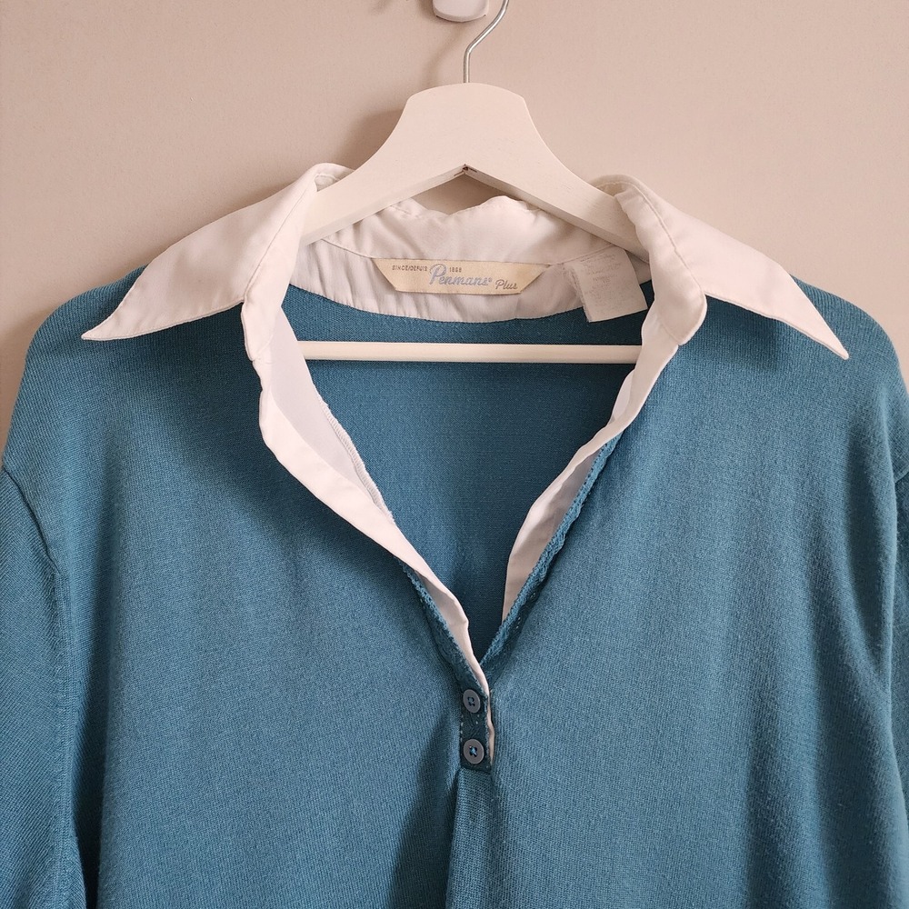 VTG PENMANS Shirt Sweater Womens Plus Size 2X White Collar Attached Blue Polo - Picture 2 of 16